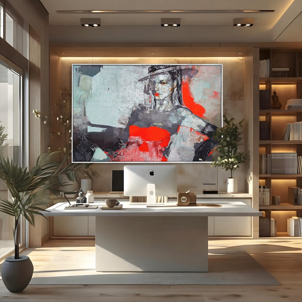 Tablou canvas cu tablou canvas cu portretul unei femei in rosu si negru, in rama de aluminiu argintiu, pe perete intr-un birou